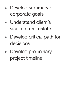 • Develop summary of corporate goals • Understand client’s vision of real estate • Develop critical path for decision...
