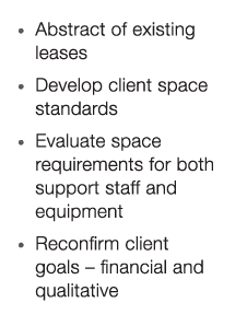 • Abstract of existing leases • Develop client space standards • Evaluate space requirements for both support staff a...