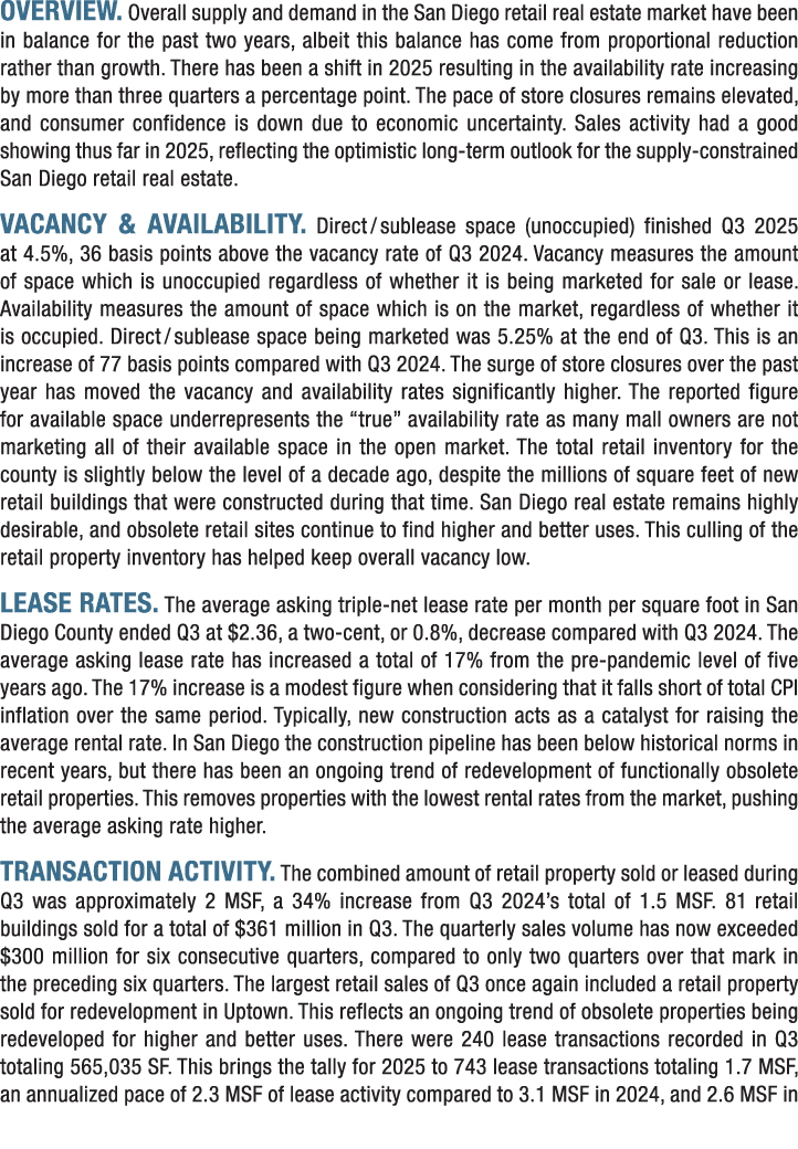 Overview. Overall supply and demand in the San Diego retail real estate market have been in balance for the past two ...