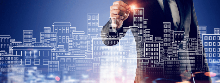 holographic image of businessman in suit outlining commercial real estate skyline