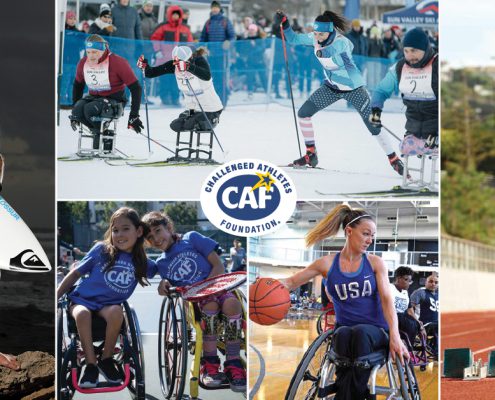 Happy Athletes who have been assisted by CAF - surfing skiing running racing in wheel chairs