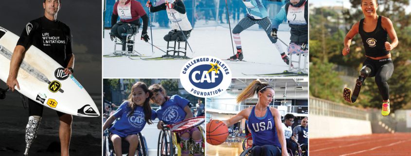 Happy Athletes who have been assisted by CAF - surfing skiing running racing in wheel chairs