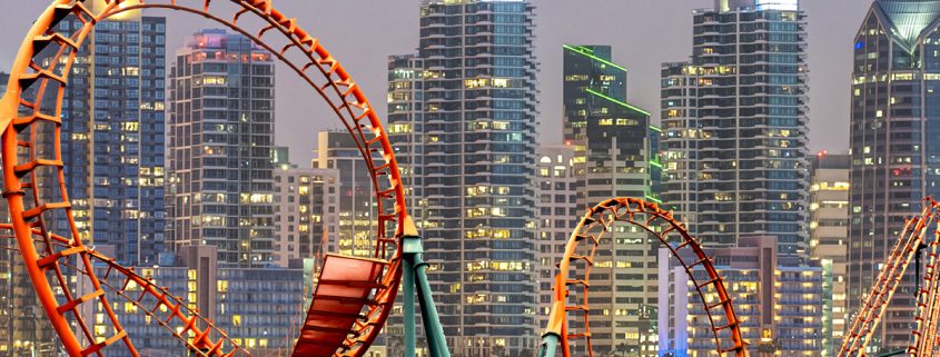 Roller coaster with downtown San Diego in the background