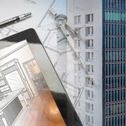Office building with apartment blueprint and sketch overlay
