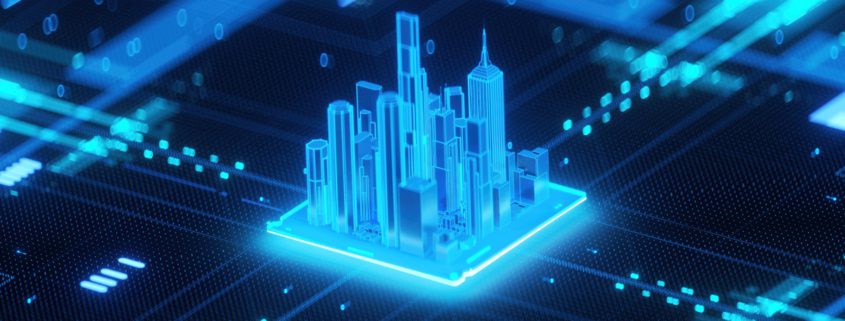 AI 3d rendering of city buildings overlayed on computer board