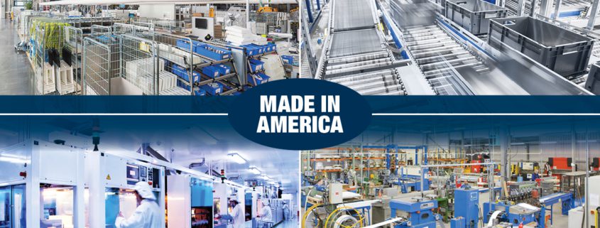 Made in America overlayed on 4 US manufacturing plant photos