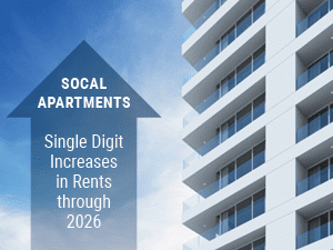 SoCal Apartments expected to see single digit increased in rents through 2026 on up arrow overlayed on building