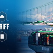 Tarriff infographic overlay on a loaded Evergreen ship entering the Los Angeles port