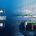 Tarriff infographic overlay on a loaded Evergreen ship entering the Los Angeles port