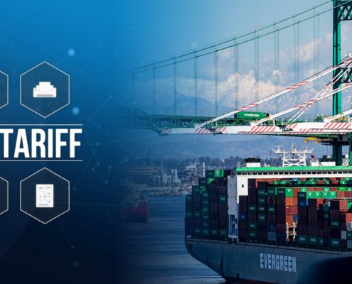 Tarriff infographic overlay on a loaded Evergreen ship entering the Los Angeles port