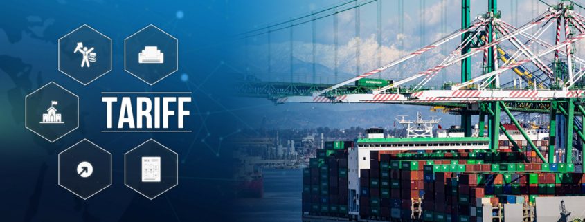 Tarriff infographic overlay on a loaded Evergreen ship entering the Los Angeles port