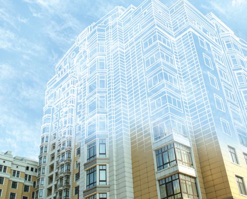 Apartment building transition from sketch to final construction