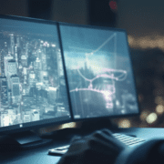 Professional analyzing commercial real estate on three computer screens