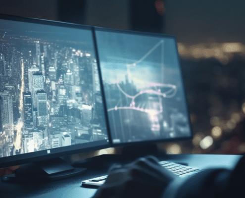 Professional analyzing commercial real estate on three computer screens