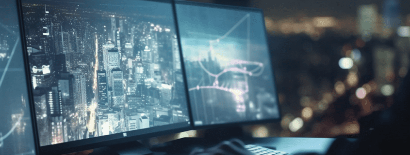 Professional analyzing commercial real estate on three computer screens