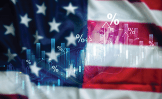  line graph with % signs overlayed on a waving American flag
