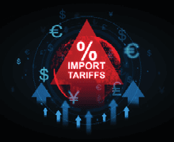 % import tariffs on red up arrow surrounded by blue arrows and currency symbols