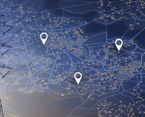 Map with multiple site locators overlayed on electrical power pole