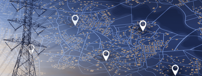 Map with multiple site locators overlayed on electrical power pole