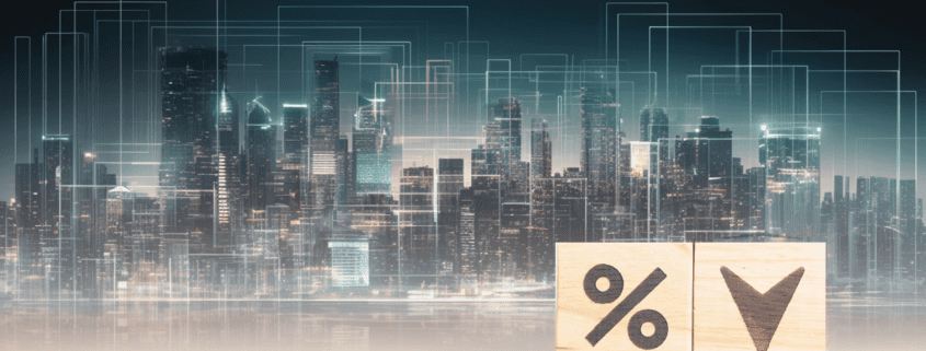 Percentage rate with down arrow over skyline of commercial buildings