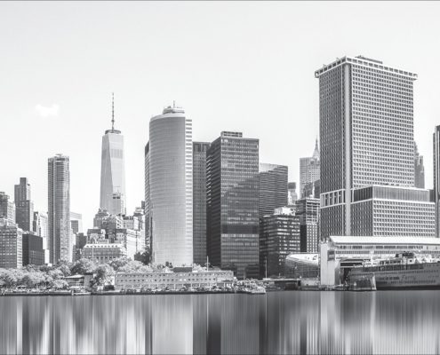 black and white Downtown San Diego skyline reflecting in the ocean