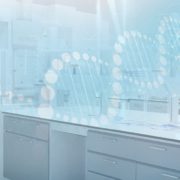 Life science laboratory space with an overlay of DNA strands