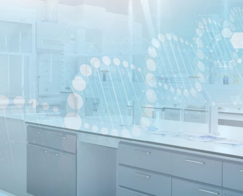 Life science laboratory space with an overlay of DNA strands