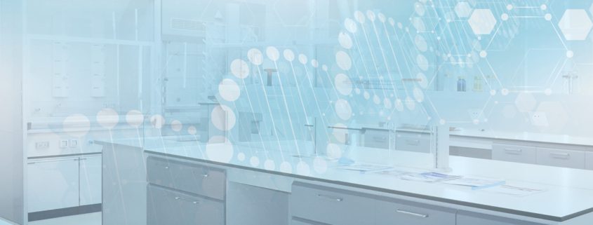 Life science laboratory space with an overlay of DNA strands