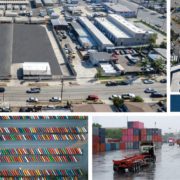 Collage of six various IOS properties - empty lot, containers, pallets, trucks