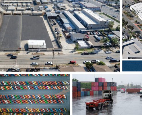 Collage of six various IOS properties - empty lot, containers, pallets, trucks