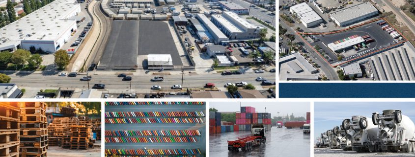 Collage of six various IOS properties - empty lot, containers, pallets, trucks