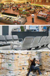 three stacked photos of a grocery store urgent care reception and rock climbing wall