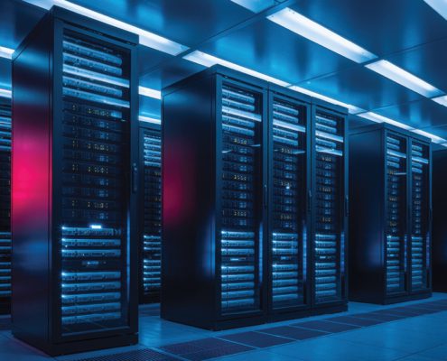 A server room illuminated with blue and red lights, highlighting the data center infrastructure and the critical role of technology in modern data management systems