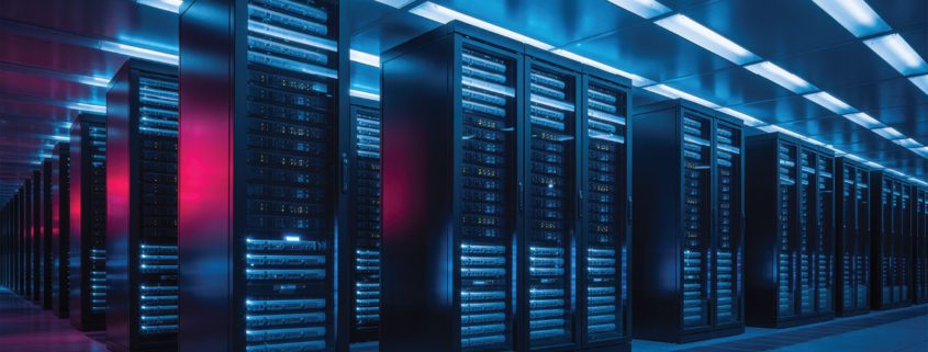 A server room illuminated with blue and red lights, highlighting the data center infrastructure and the critical role of technology in modern data management systems