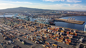Containers and ships at the Port of Los Angeles on a sunny day