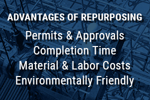 advantages of repurposing - permits and approvals, completion time, material and labor costs, environmentally friendly on blue construction site photo