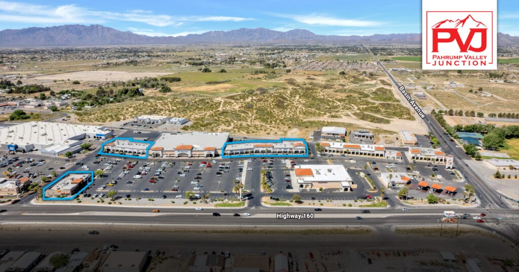Aerial with three buildings sold at Pahrump Valley Junction outlined