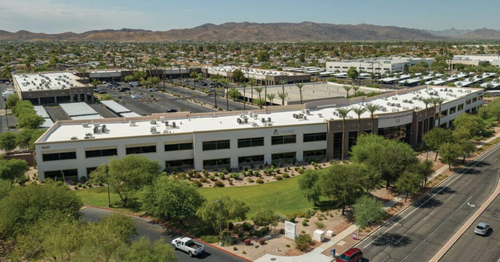 aerial photo of 4645 E. Cotton Center Boulevard in the Cotton Corporate Center with the mountains in the background