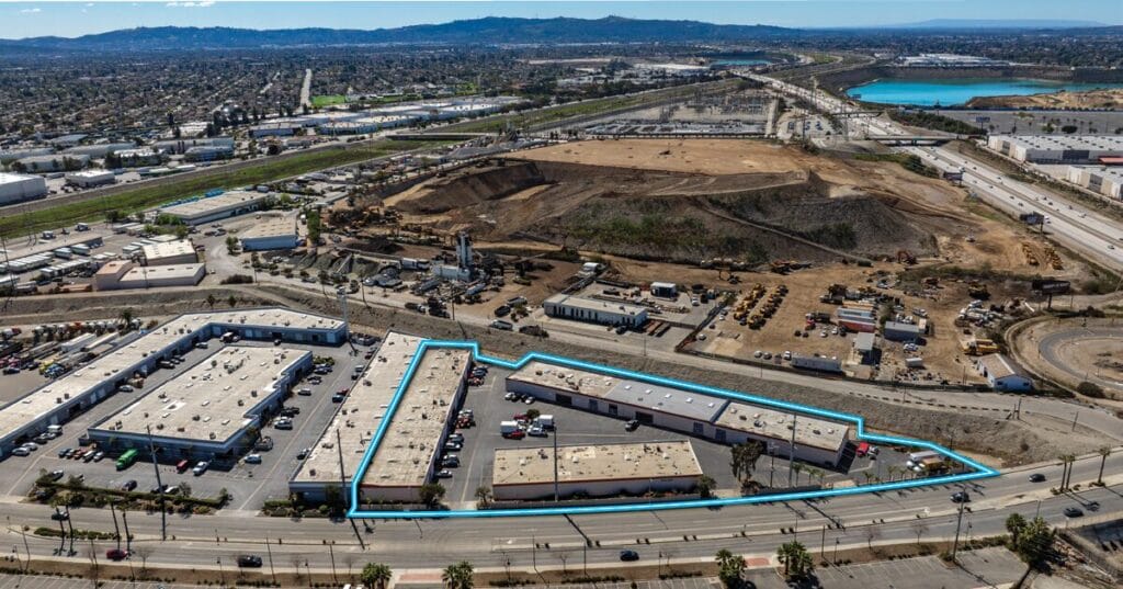 aerial of 1400-1430 Arrow Highway in Irwindale with the property outlined