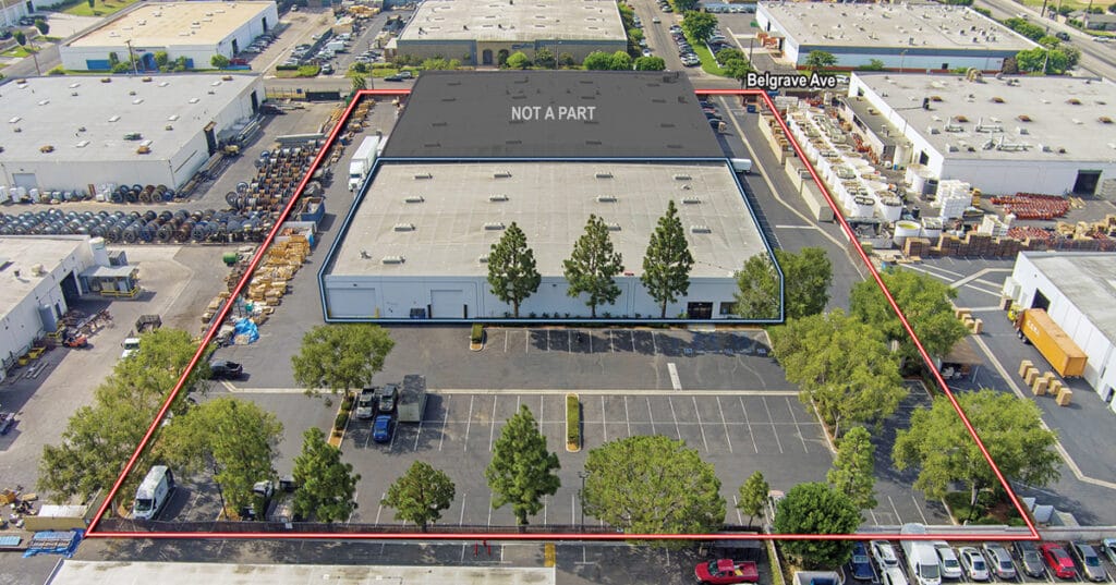 Aerial view of 7089-7091 Belgrave Avenue with property outline