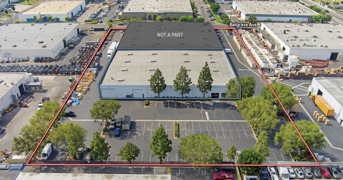 Aerial view of 7089-7091 Belgrave Avenue with property outline
