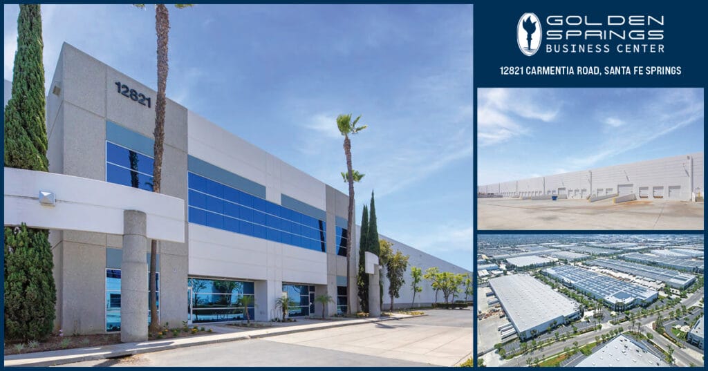 12821 Carmenita photo collage - front of building, back of building with dock doors, and aerial of business center