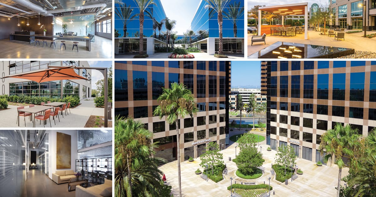 Photo collage of office buildings and interior office space