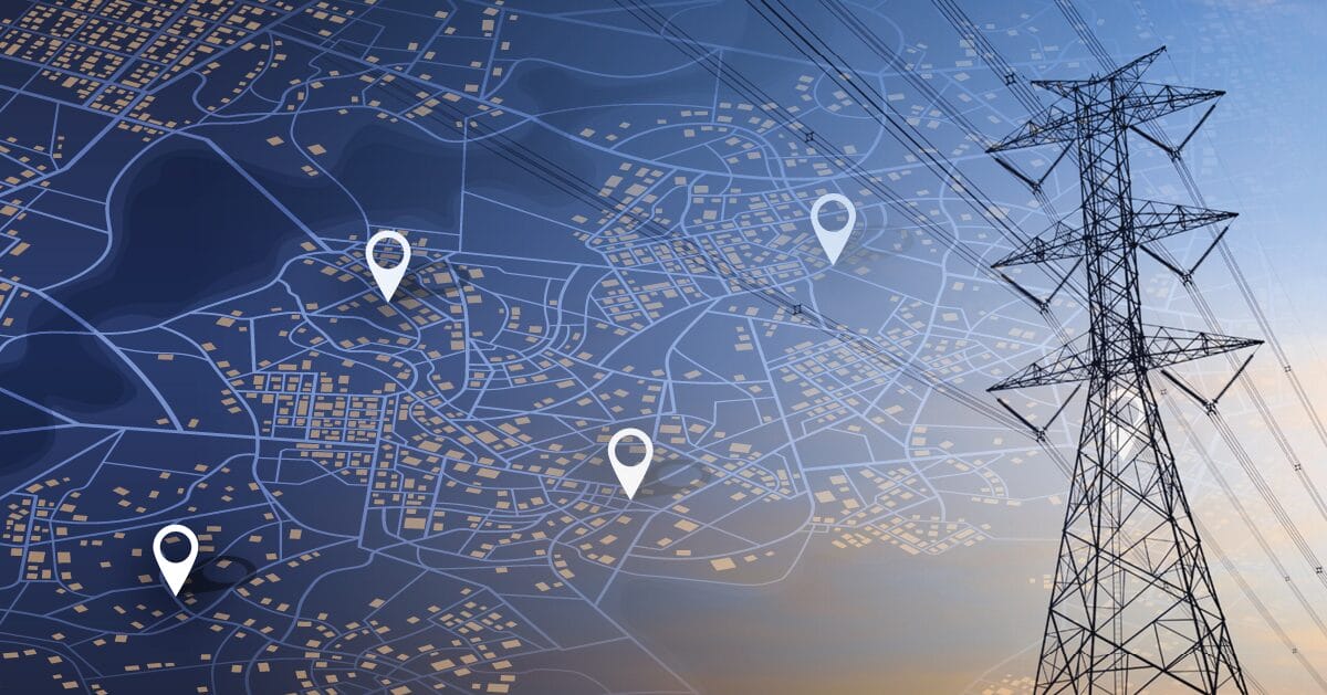 Map with multiple site locators overlayed on electrical power pole