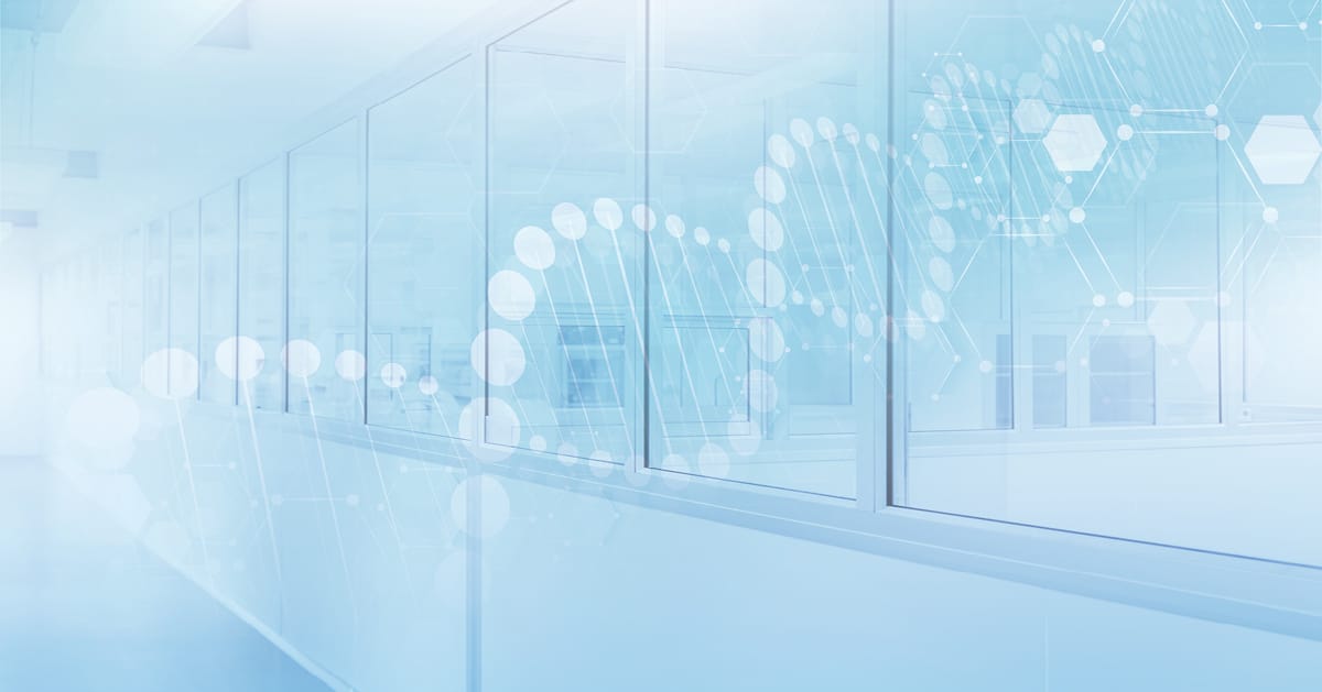 Life science laboratory space with an overlay of DNA strands