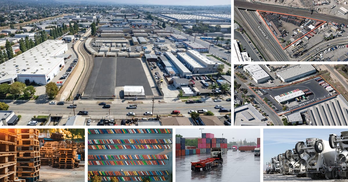Collage of seven various IOS properties - empty lot, containers, pallets, trucks