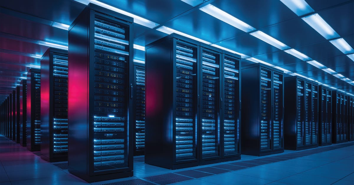 A server room illuminated with blue and red lights, highlighting the data center infrastructure and the critical role of technology in modern data management systems