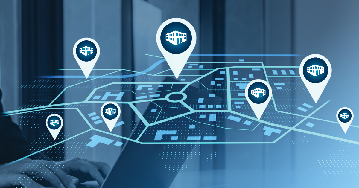 A map with several property locations marked overlayed on an image of a woman working on a laptop