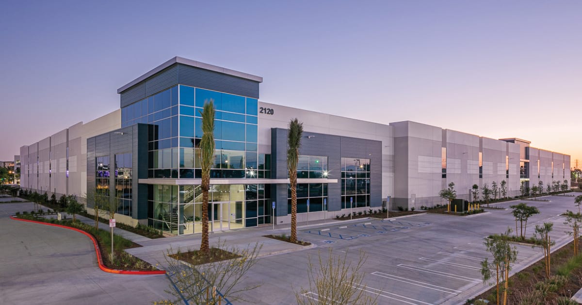 Large industrial building in Anaheim at dusk